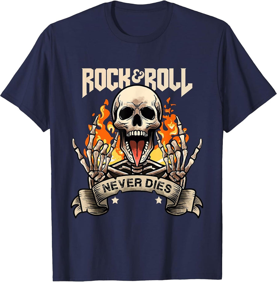 Rock and Roll Never Die Vintage Retro Rock&Roll Rock Concert T-Shirt - Navy Blue
