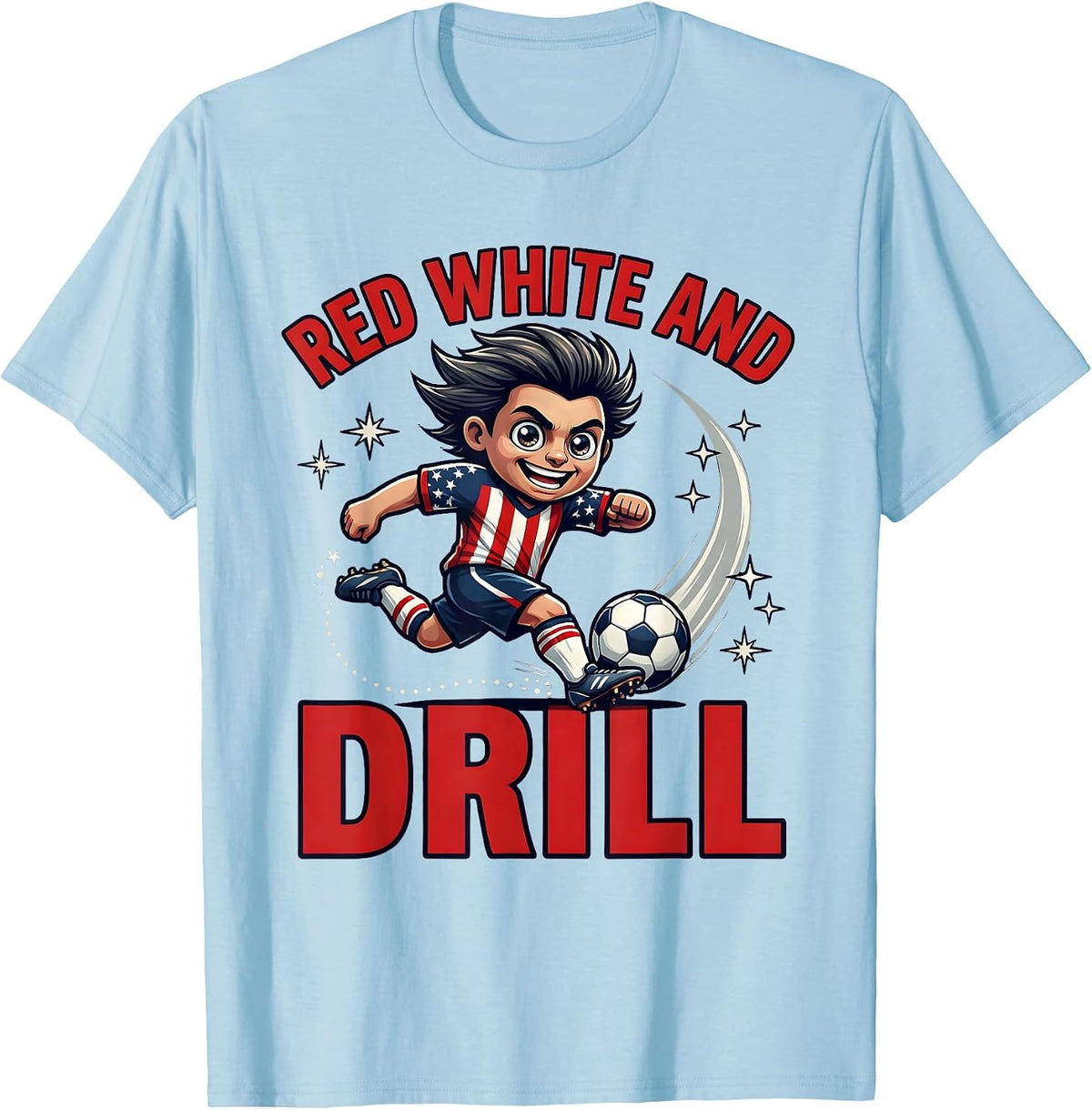 Men's Red White and Drill Funny Soccer Player Fourth of July T-Shirt - Baby Blue