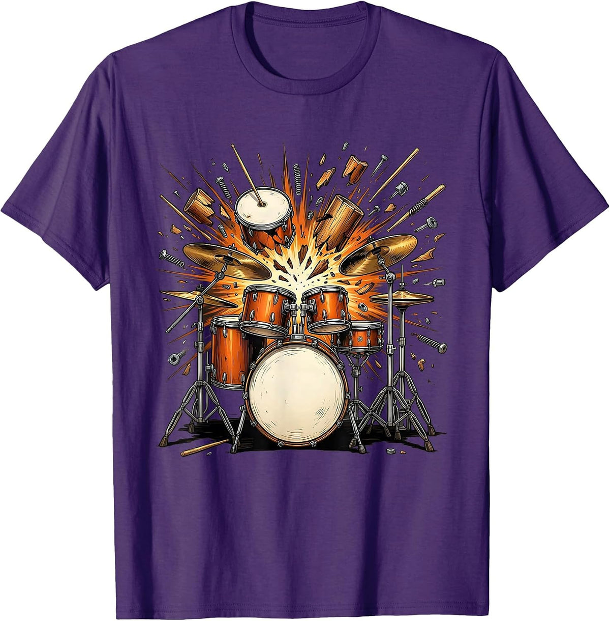 Exploding Drum Kit Shrapnel Illustration T-Shirt - Purple