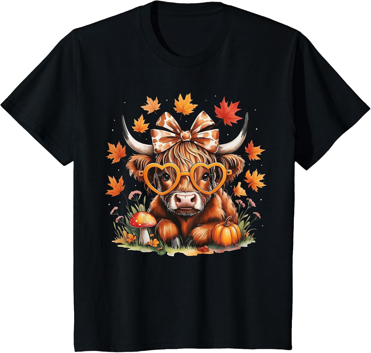 Fall Highland Cow Pumpkin Bow Thanksgiving Fall Girl Women T-Shirt - Black