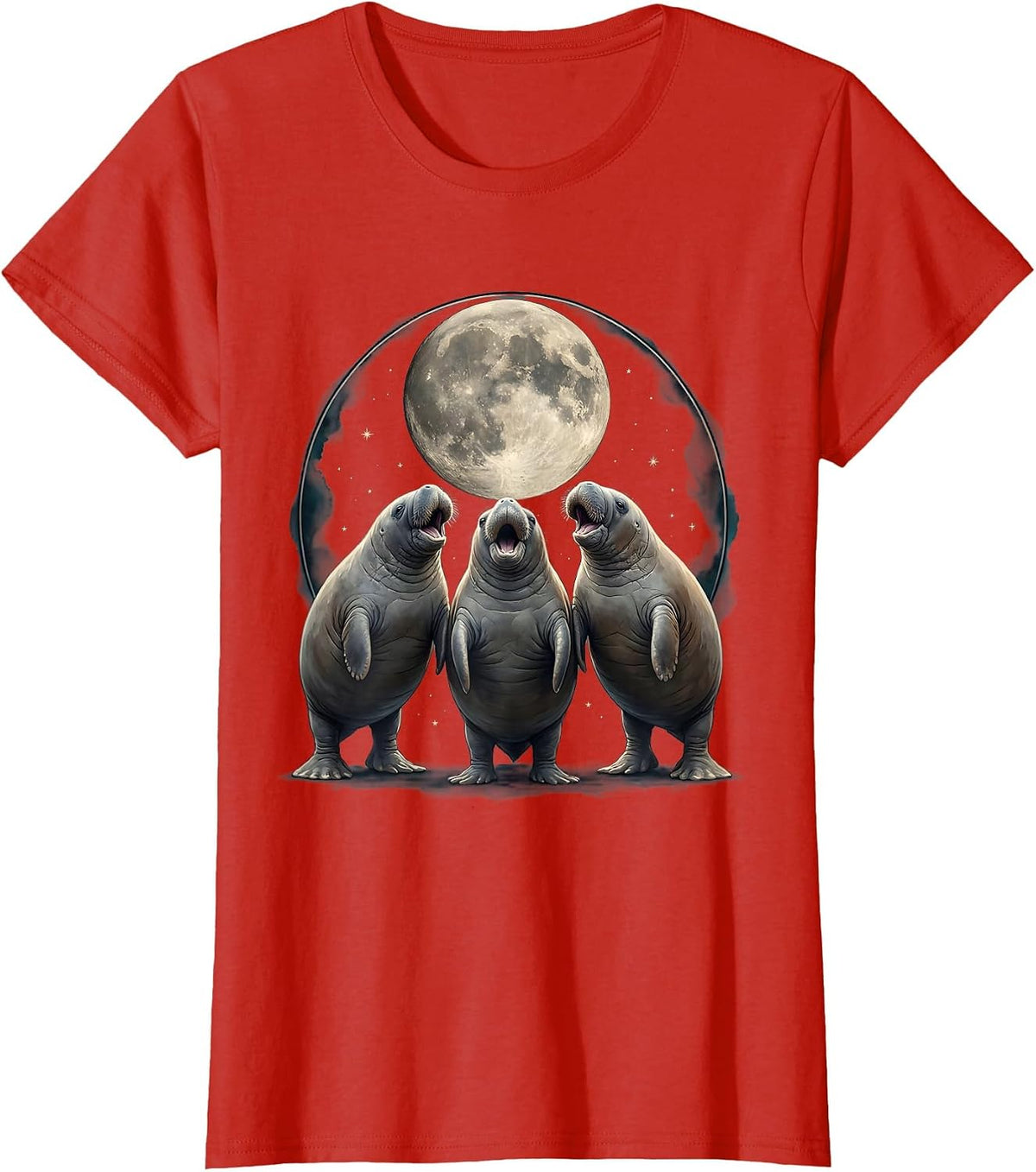 Women's Three Manatees Moon Howling At The Moon Meme Parody T-Shirt - Red