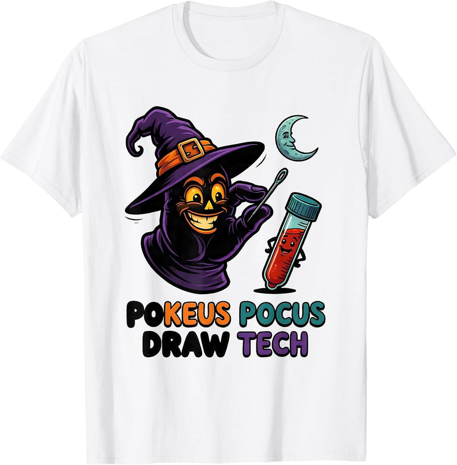 Men's Pokeus Pocus Draw Tech Funny Nurse Halloween Phlebotomist T-Shirt - White