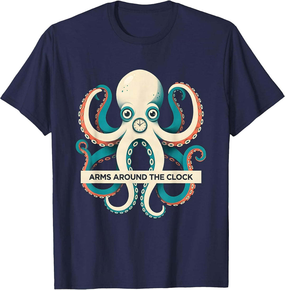 Men's Arms Around The Clock Midcentury Modern Octopus Lover Ocean T-Shirt - Navy Blue