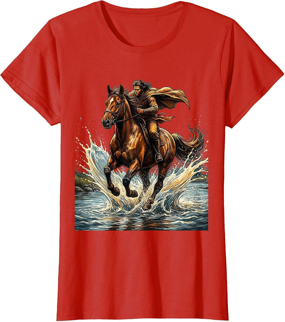 Horse and Rider River Crossing Illustration T-Shirt - Red