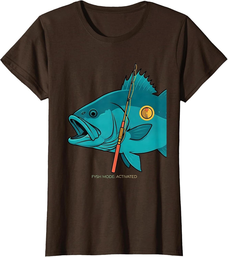 Women's Fysh Mode Activated Funny Fishing Bass Humor Dad Gift T-Shirt - Brown