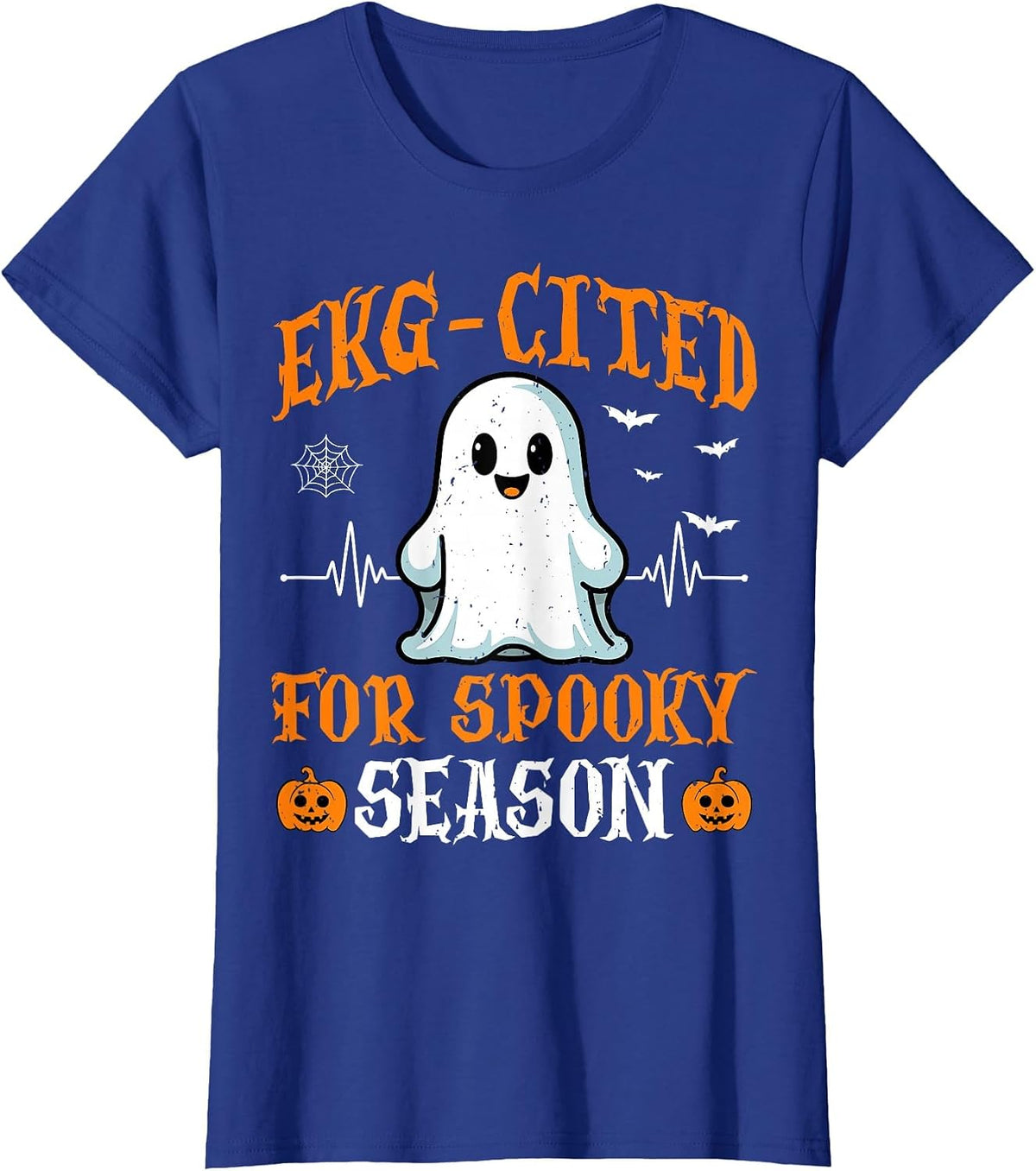 Heartbeat EKG Cited Spooky Cardiac Nurse Ghost Halloween T-Shirt - Royal Blue