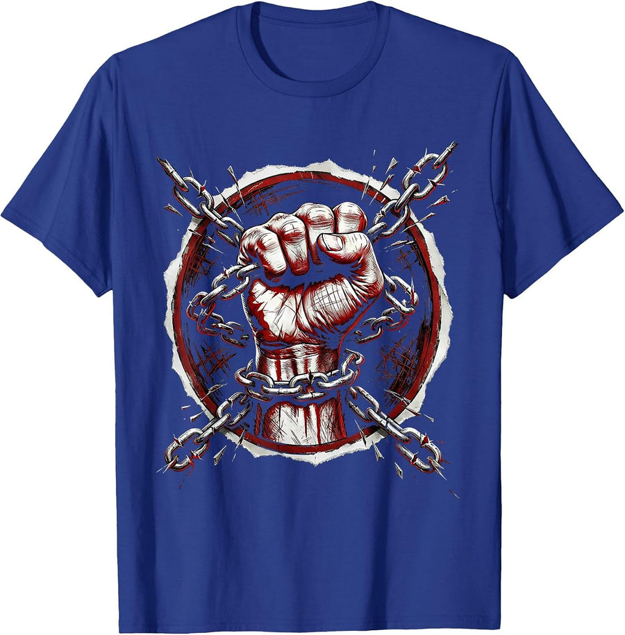 Broken Chains Clenched Fist Metal Band Graphic T-Shirt - Royal Blue