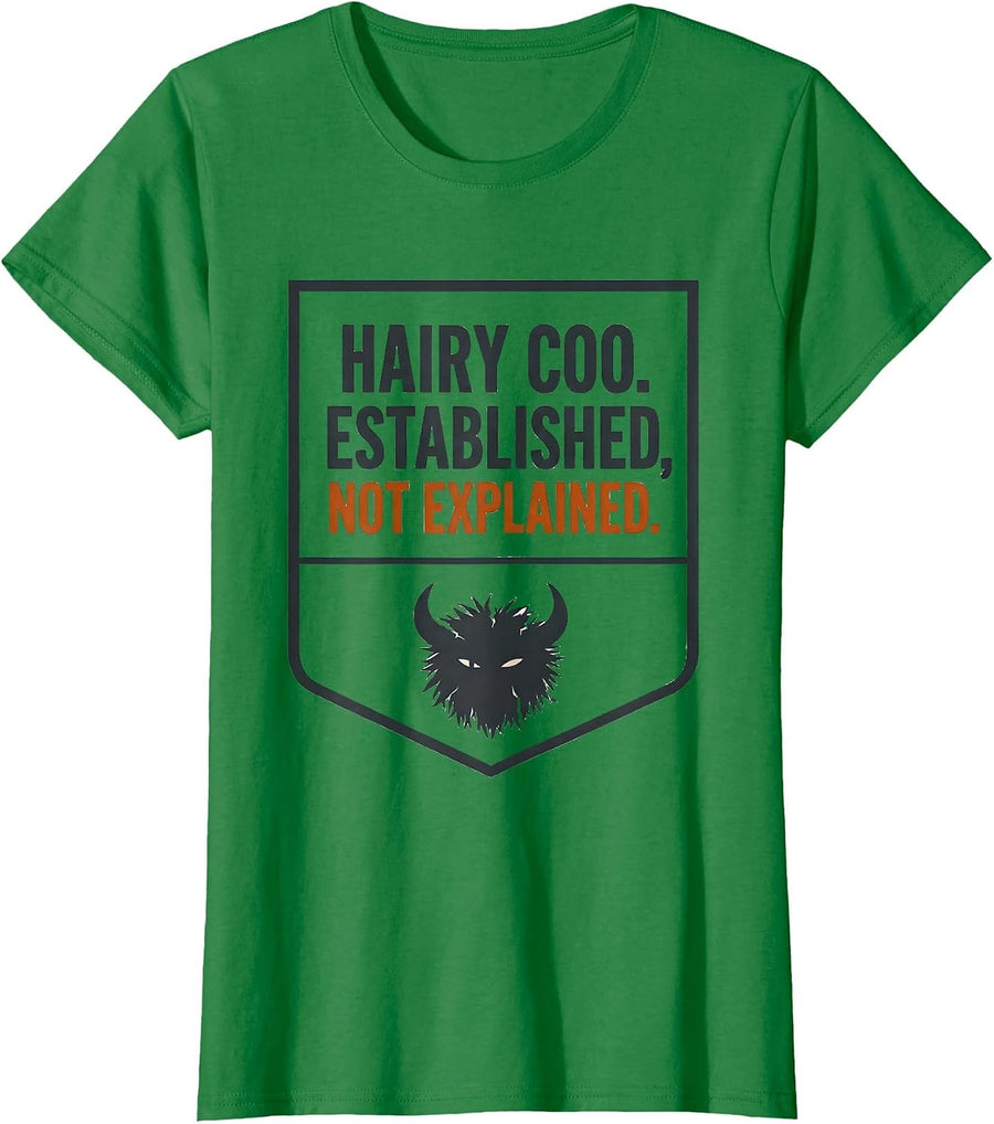 Women's Hairy Coo Established Not Explained Funny Highland Cow Lover T-Shirt - Kelly Green