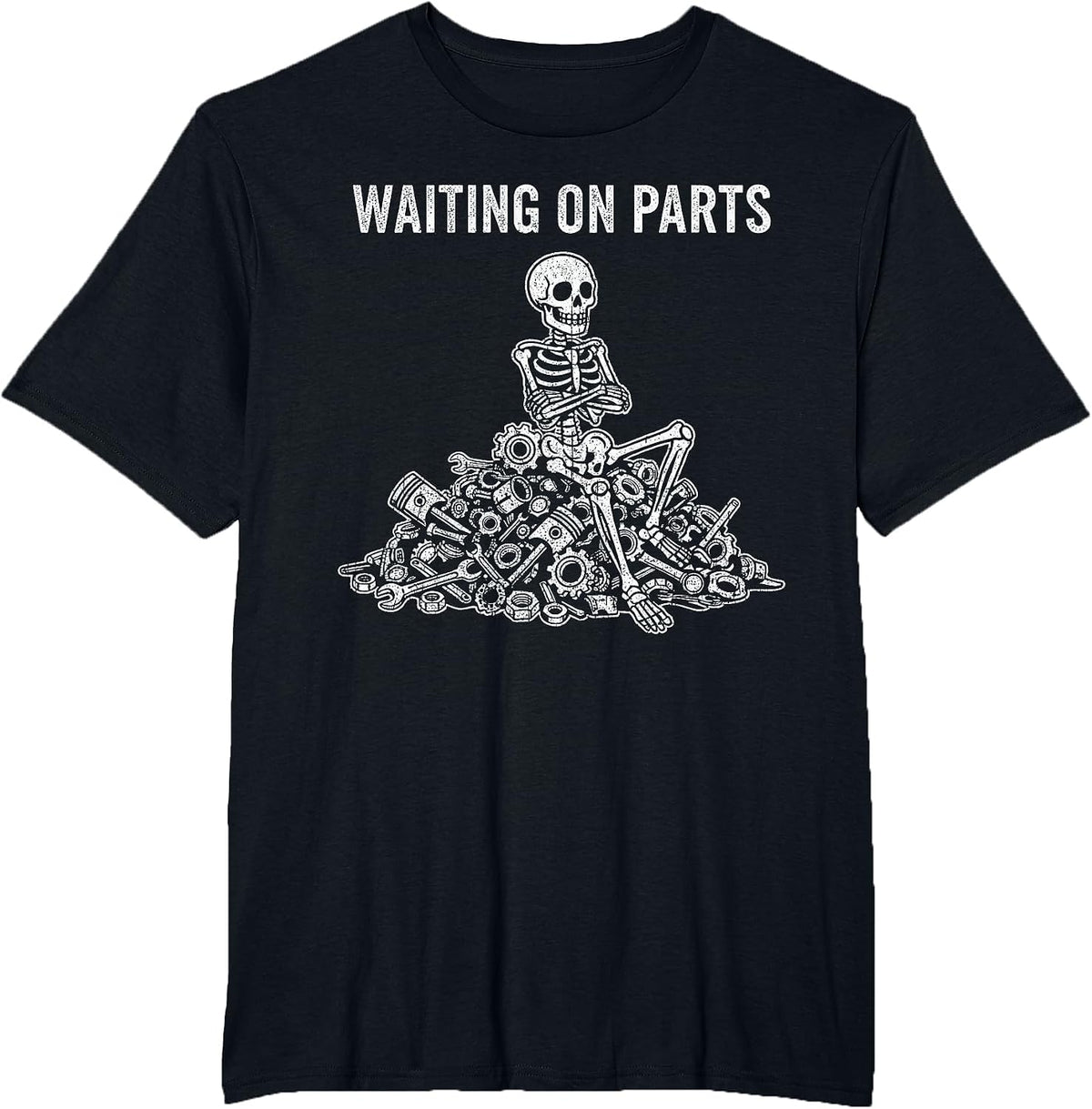 Waiting On Parts Funny Skeleton Auto Mechanic Technician T-Shirt - Black
