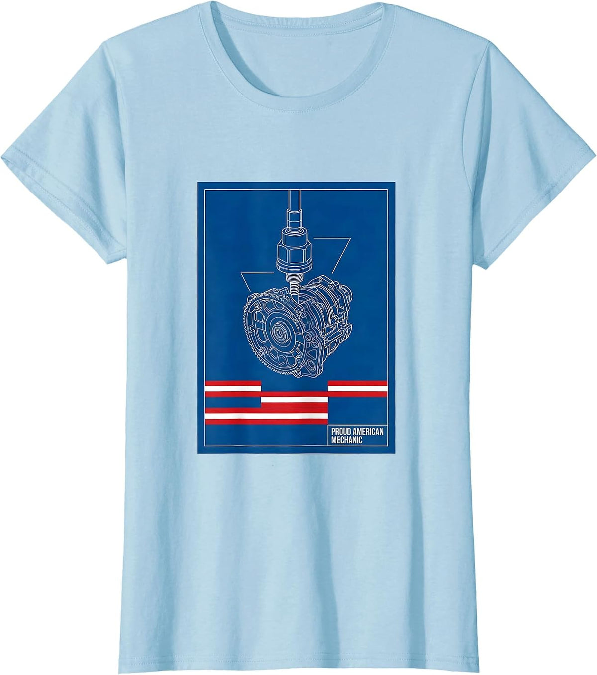 Proud American Mechanic Technical Blueprint USA Flag T-Shirt - Baby Blue