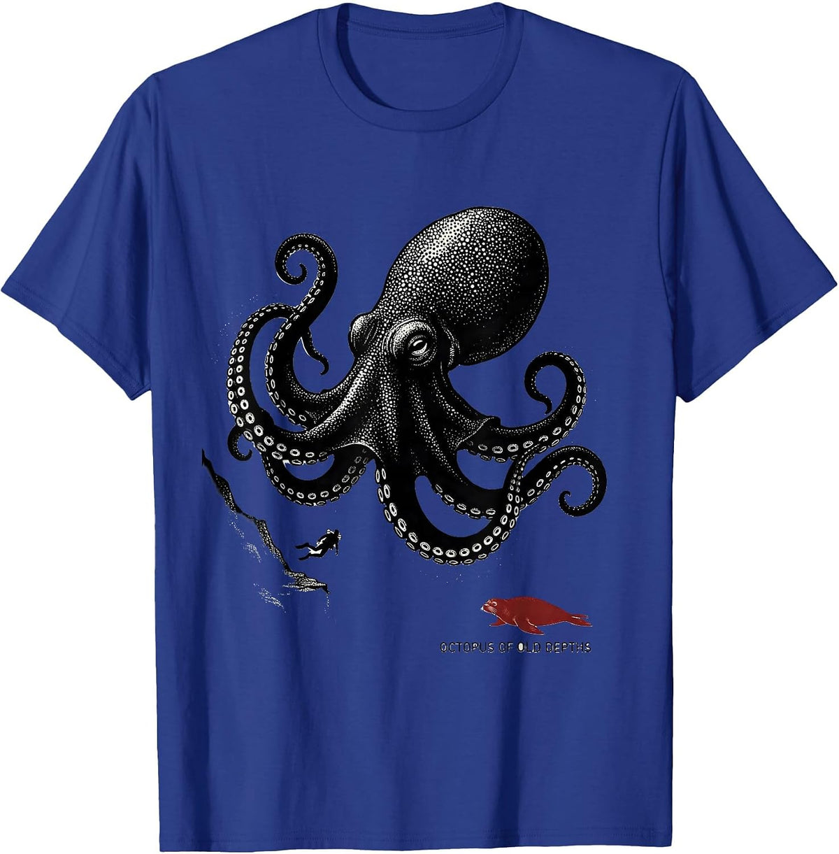 Men's Octopus of Old Depths Blackwork Dotwork Ocean Animal Lover T-Shirt - Royal Blue