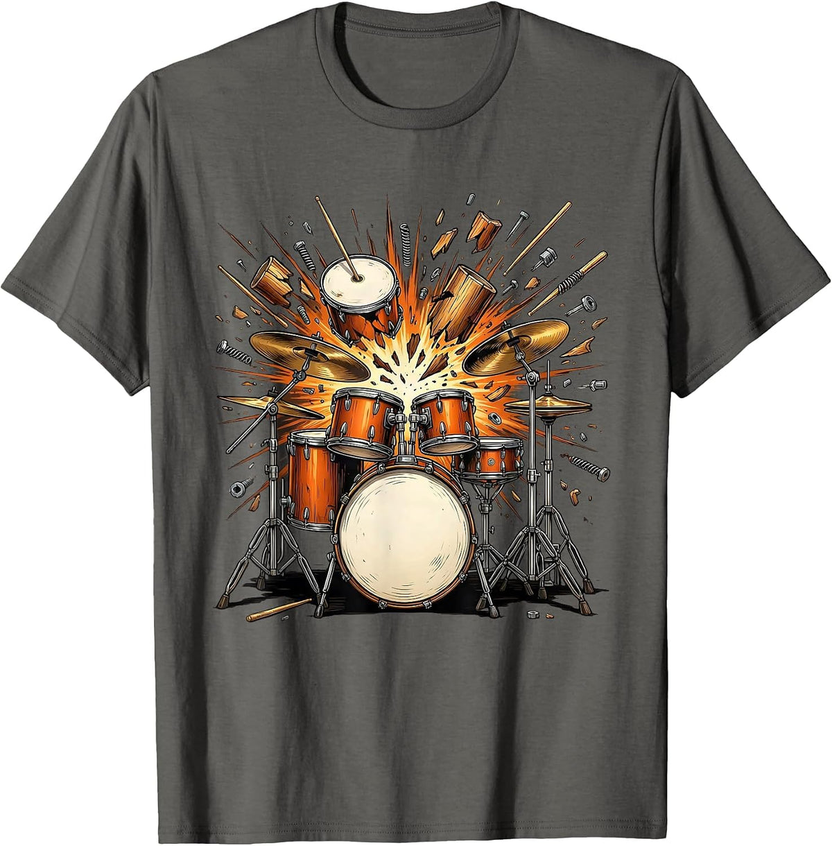Exploding Drum Kit Shrapnel Illustration T-Shirt - Asphalt Grey
