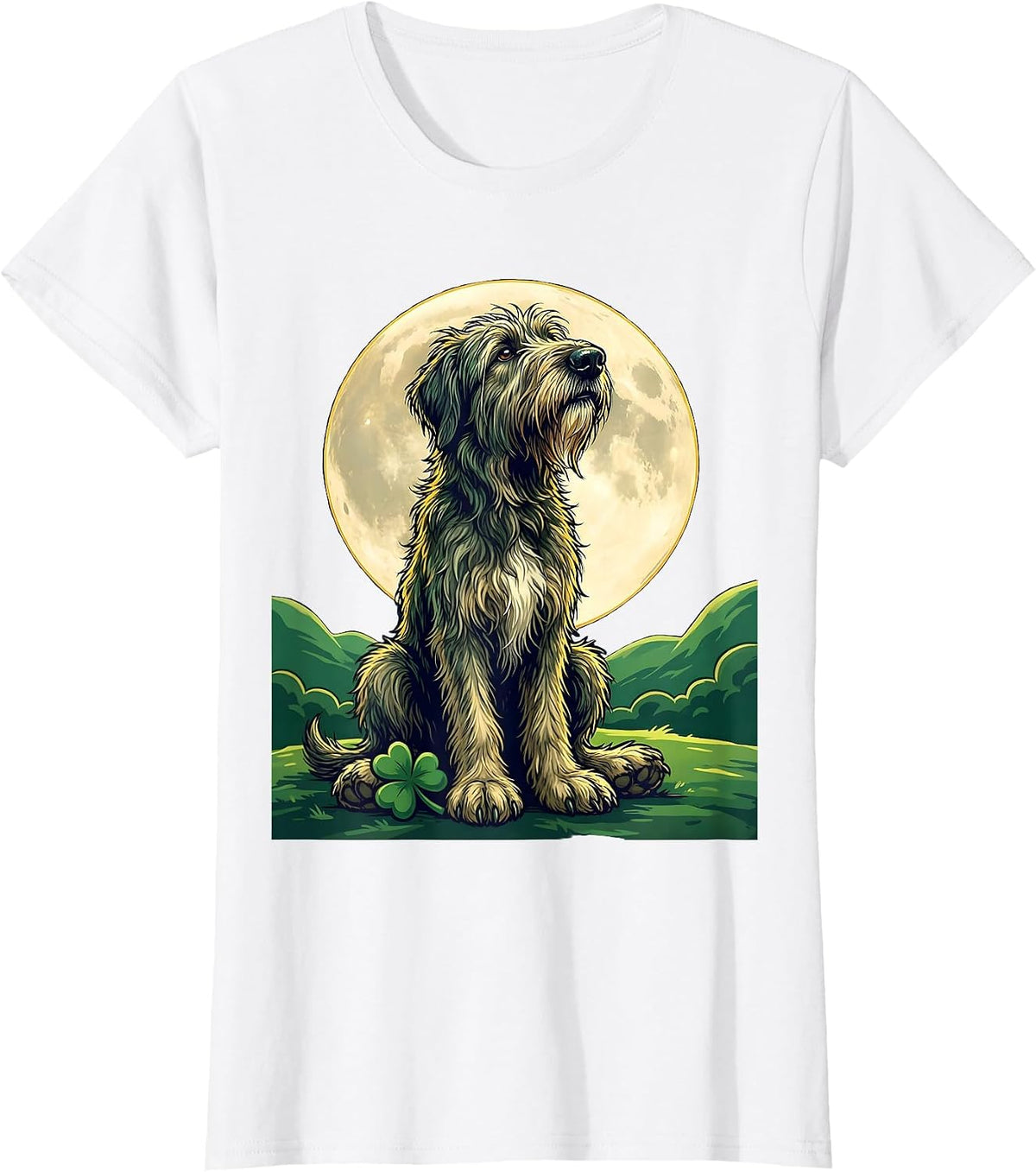 Irish Wolfhound Full Moon Night Illustration T-Shirt - White