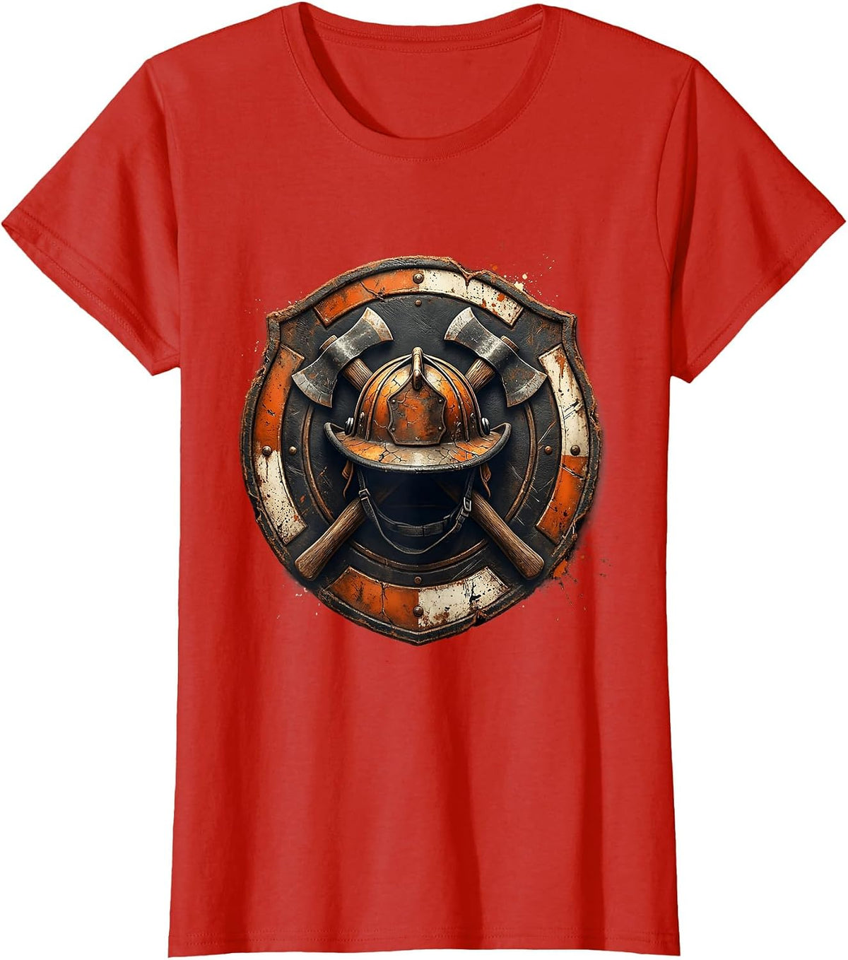 Vintage Fire Helmet Crossed Axes Firefighter Design T-Shirt - Red