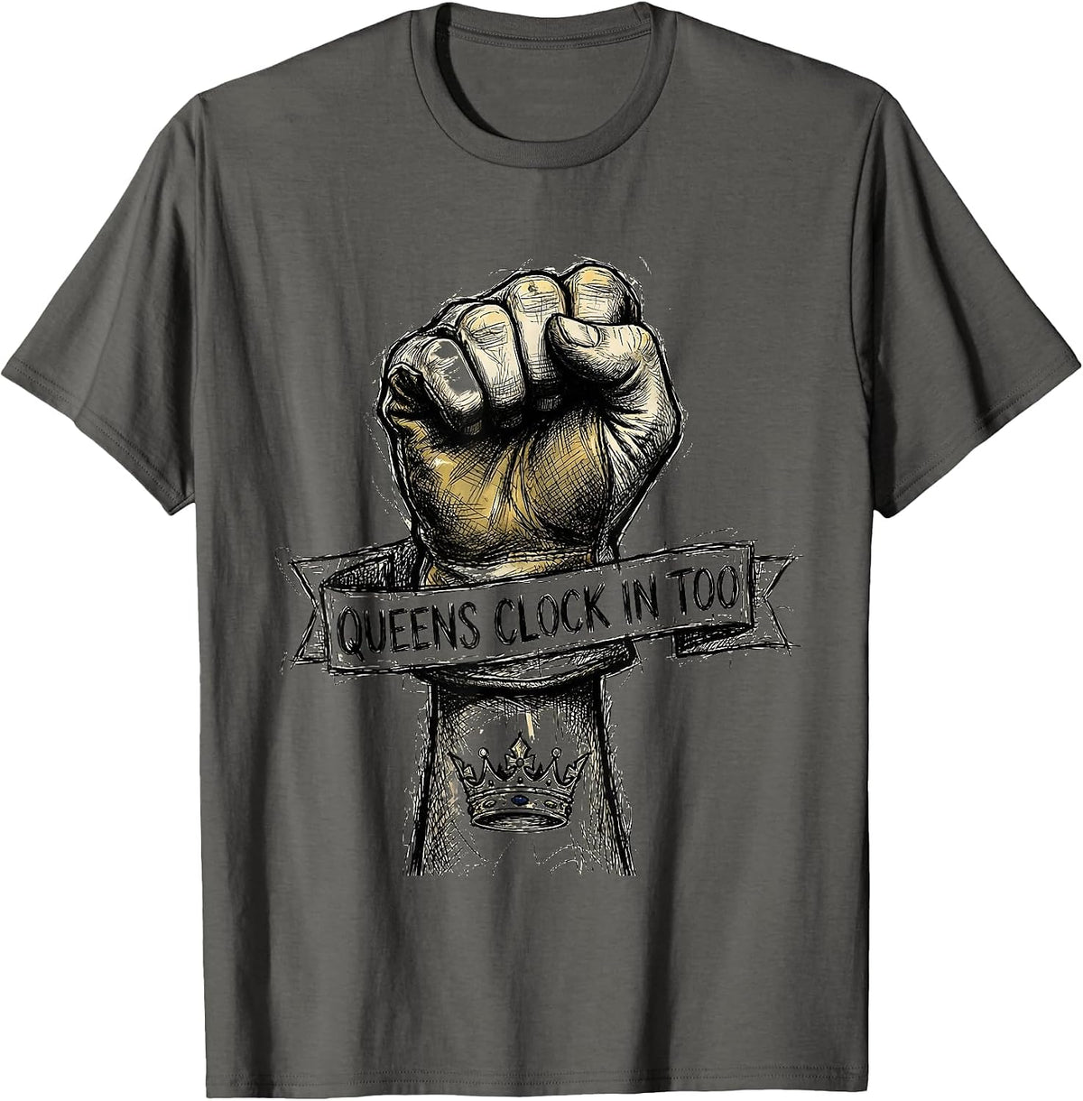 Queens Clock In Too Labor Day Graphic Design T-Shirt - Asphalt Grey