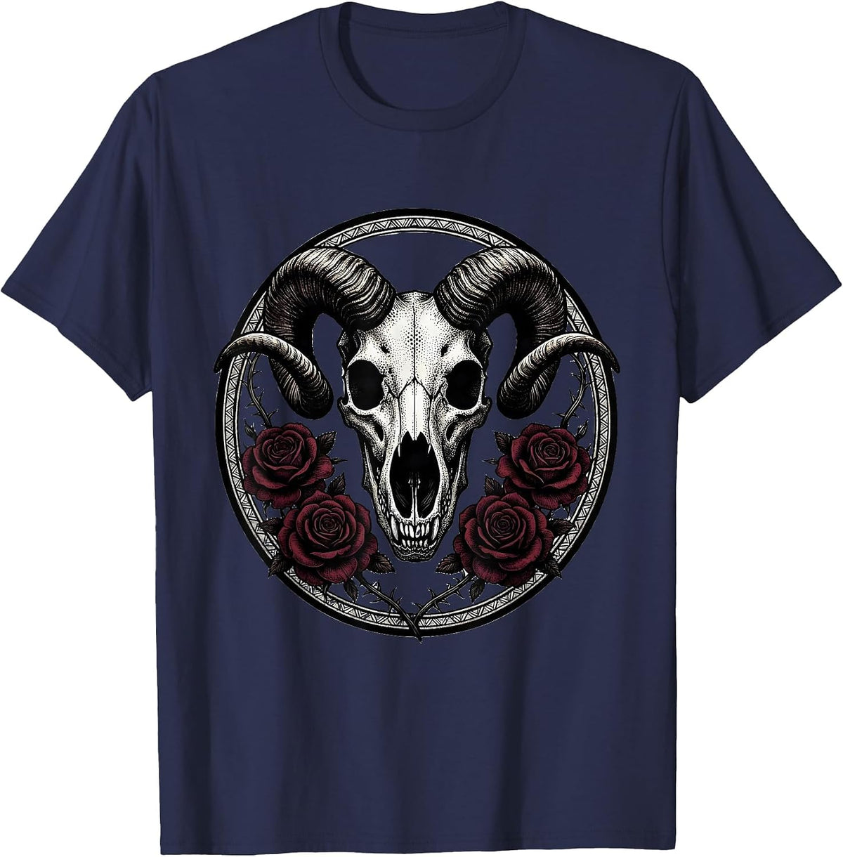 Wolf Skull Ram Horns Roses Halloween Graphic T-Shirt - Navy Blue