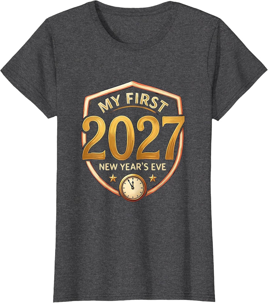 Women's My First New Year's Eve 2027 Festive Baby Milestone Keepsake T-Shirt - Dark Heather Grey