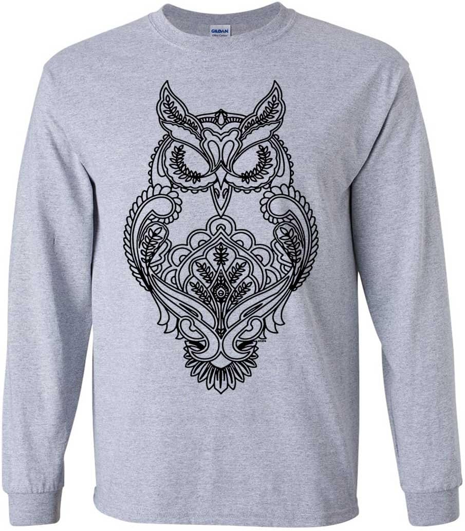 Mystical Owl Stencil Black Long Sleeve Shirt - Sport Grey
