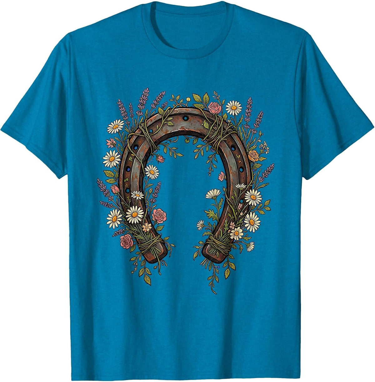 Horseshoe Wildflower Garland Cowgirl Design T-Shirt - Sapphire Blue