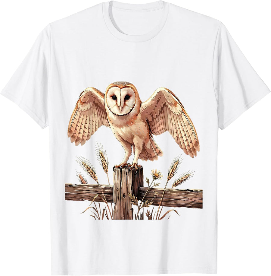 Men's Barn Owl Perched on Fence Post Illustration T-Shirt - White
