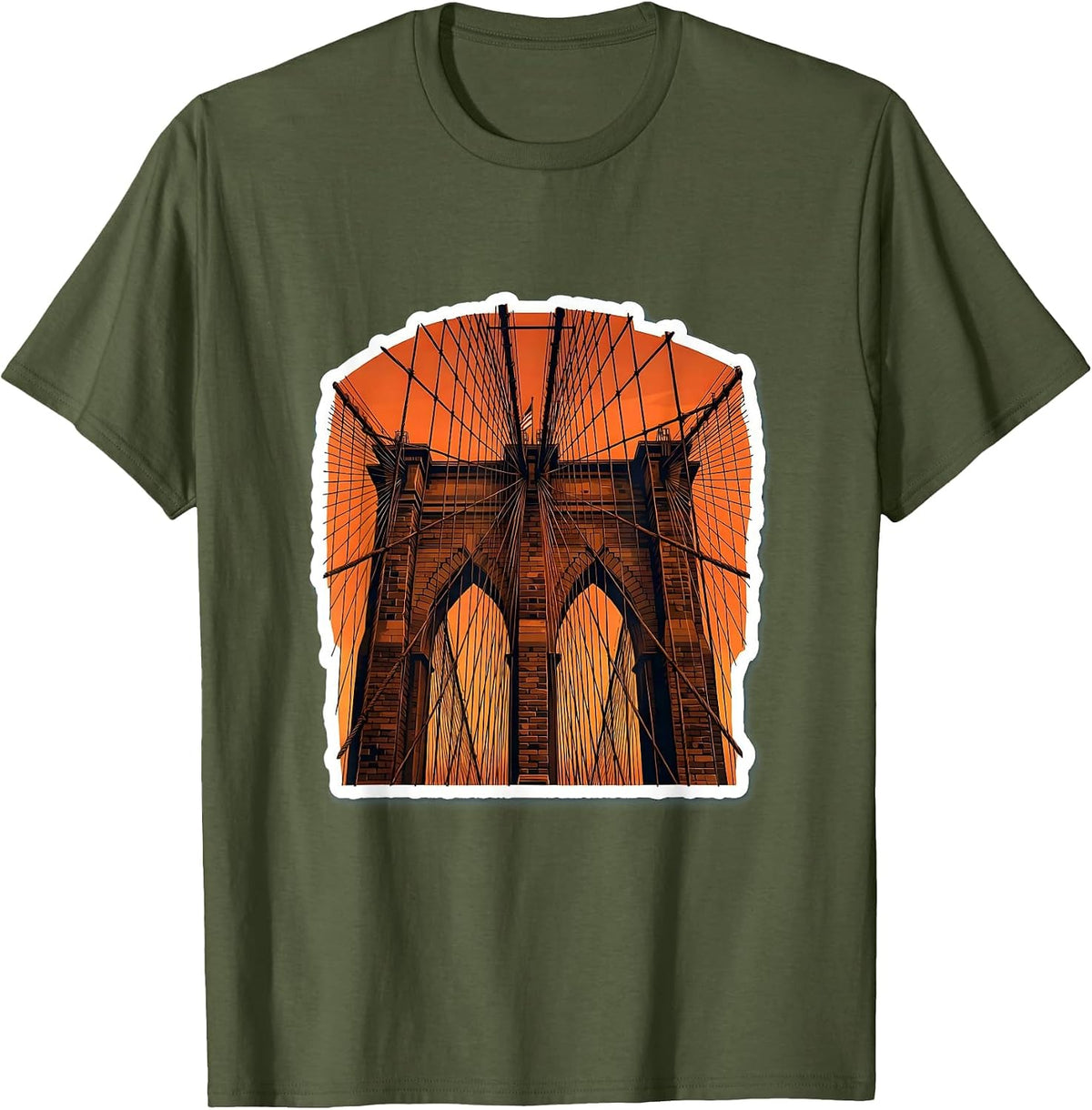 Men's Brooklyn Bridge Sunset Cables New York Art T-Shirt - Olive Green