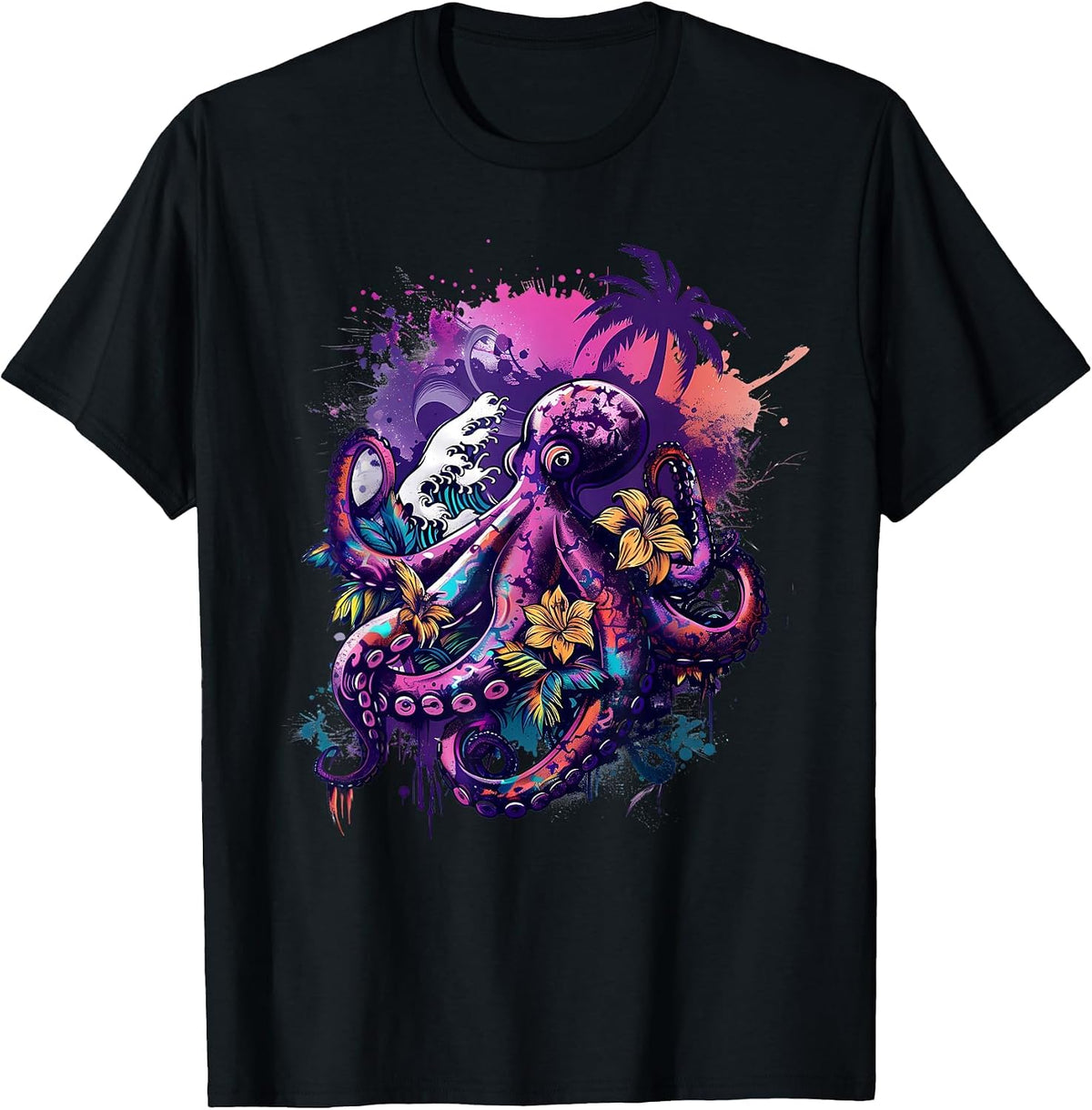 Octopus Sea Creature Artwork Floral Kraken Sea Ocean Octopus T-Shirt - Black