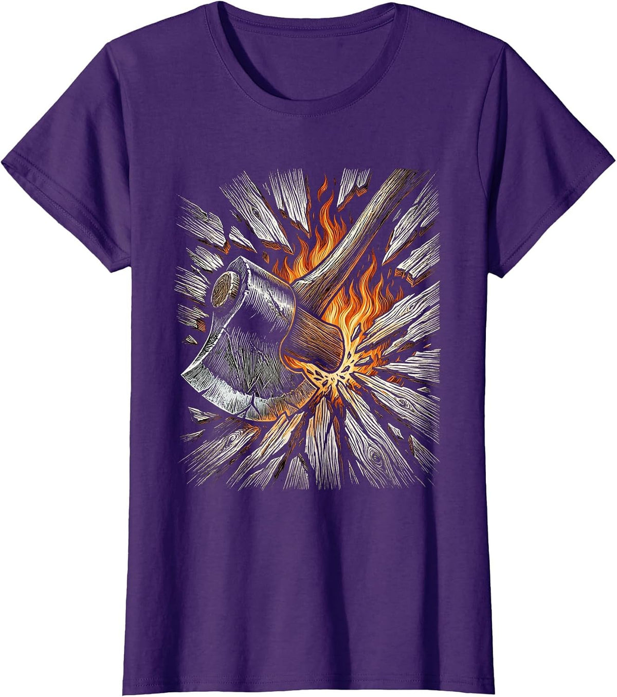 Women's Firefighter Axe Splitting Burning Door Graphic Tee T-Shirt - Purple