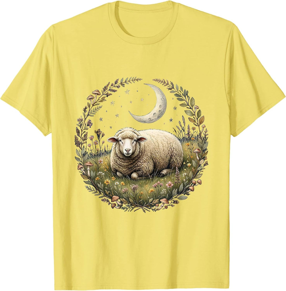 Men's Lone Sheep Under Starry Sky Psalm 23 Design T-Shirt - Lemon Yellow