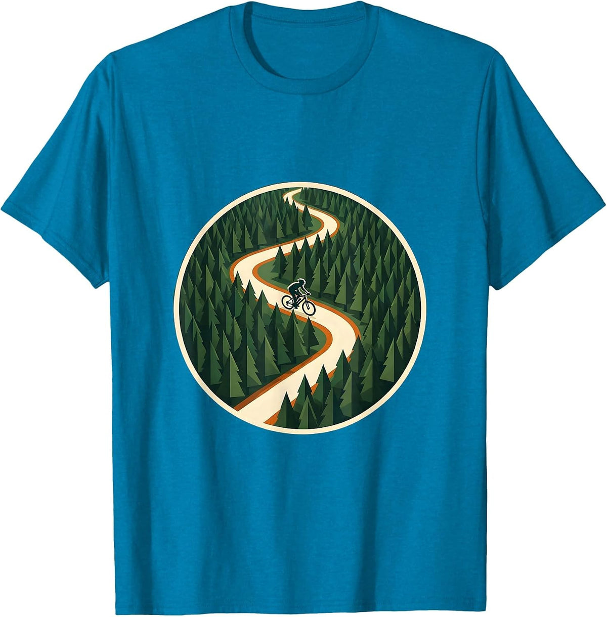 Aerial Forest Cyclist Winding Path Bike Design T-Shirt - Sapphire Blue