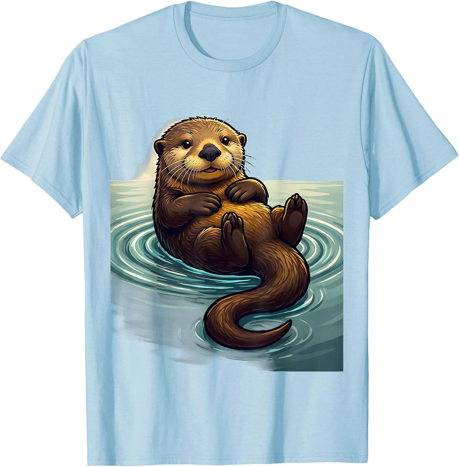 Men's Cheerful Belly-Up Sea Otter Cartoon Animal Lover Humor T-Shirt - Baby Blue
