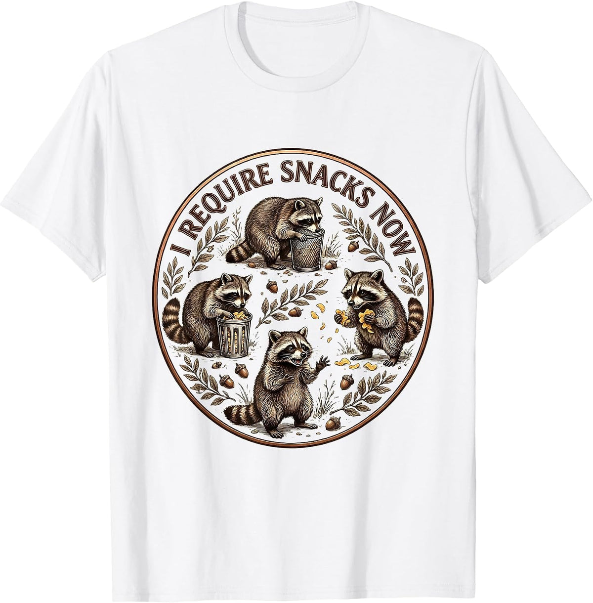 Men's I Require Snacks Now Funny Raccoon Design T-Shirt - White