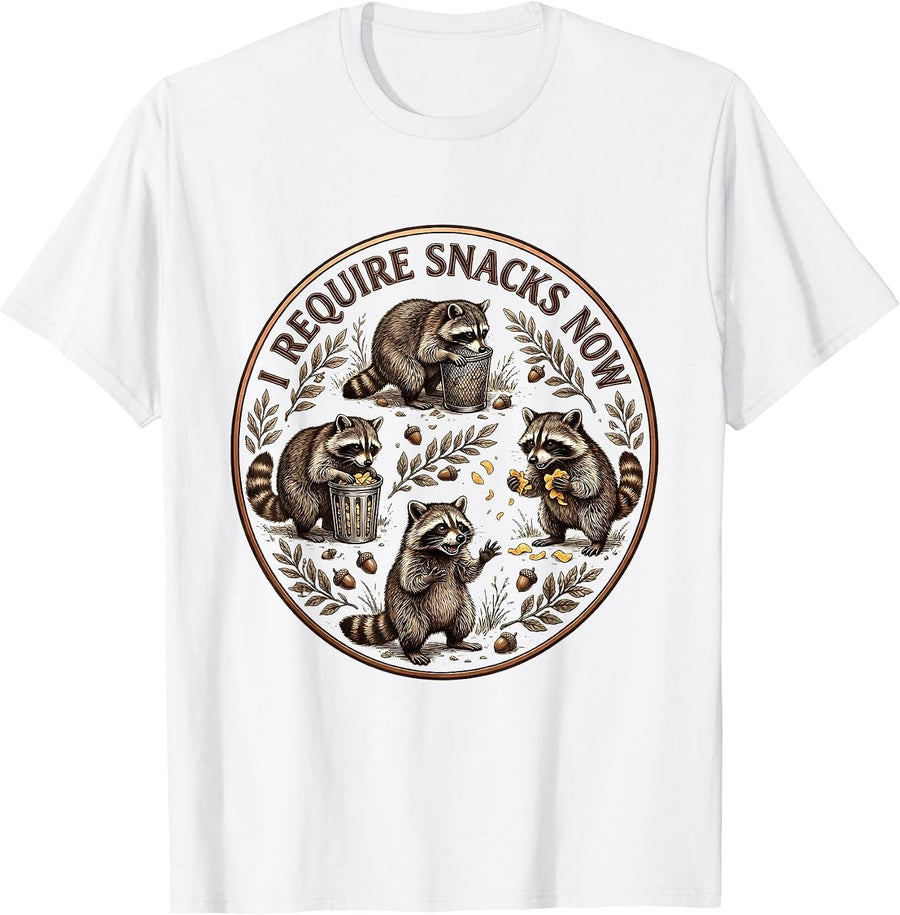 Men's I Require Snacks Now Funny Raccoon Design T-Shirt - White