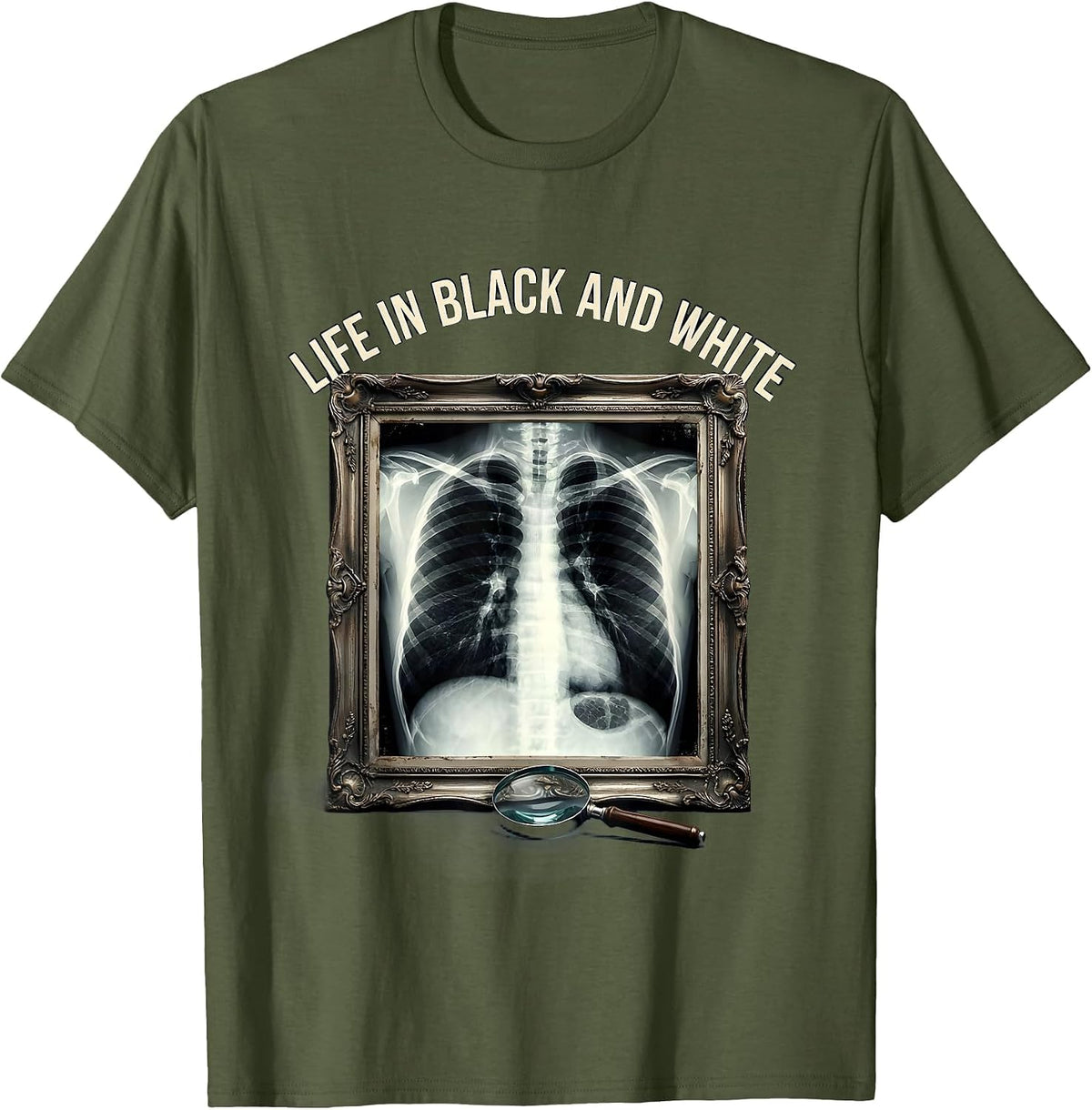 Men's Life in Black and White Radiology Design T-Shirt - Olive Green