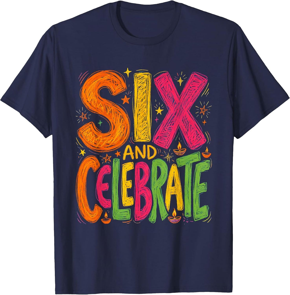 Men's Six and Celebrate Diwali Cricket Bat Diya Design T-Shirt - Navy Blue
