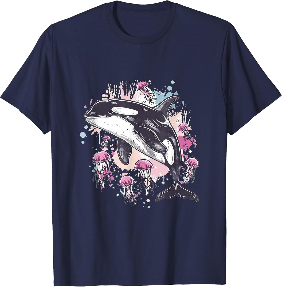 Orca Whale Jellyfish Graphic T-Shirt - Navy Blue