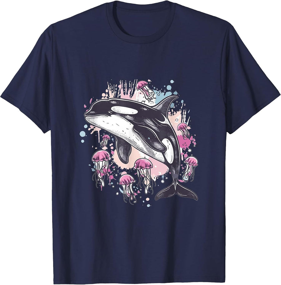 Orca Whale Jellyfish Graphic T-Shirt - Navy Blue