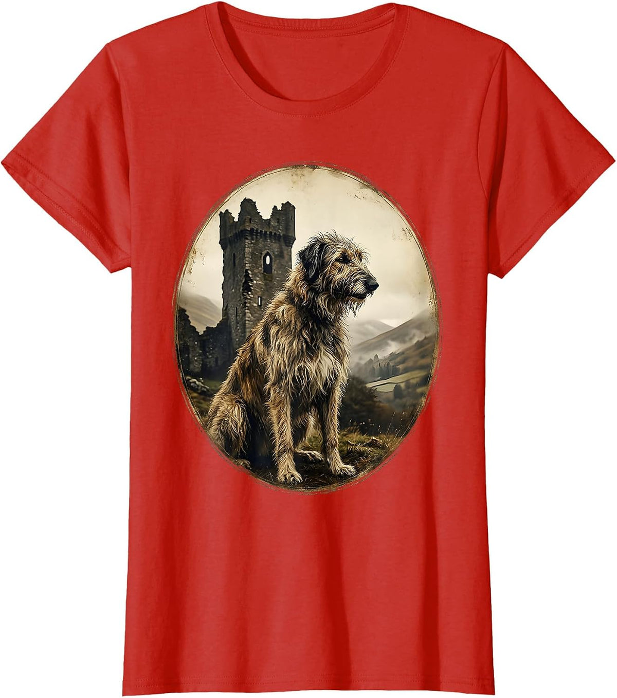 Irish Wolfhound Ruined Castle Ireland Graphic T-Shirt - Red
