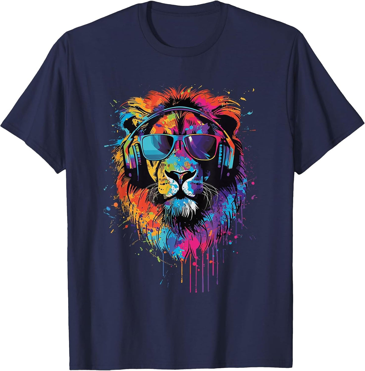 Lion Sunglasses Headphones T-Shirt - Navy Blue