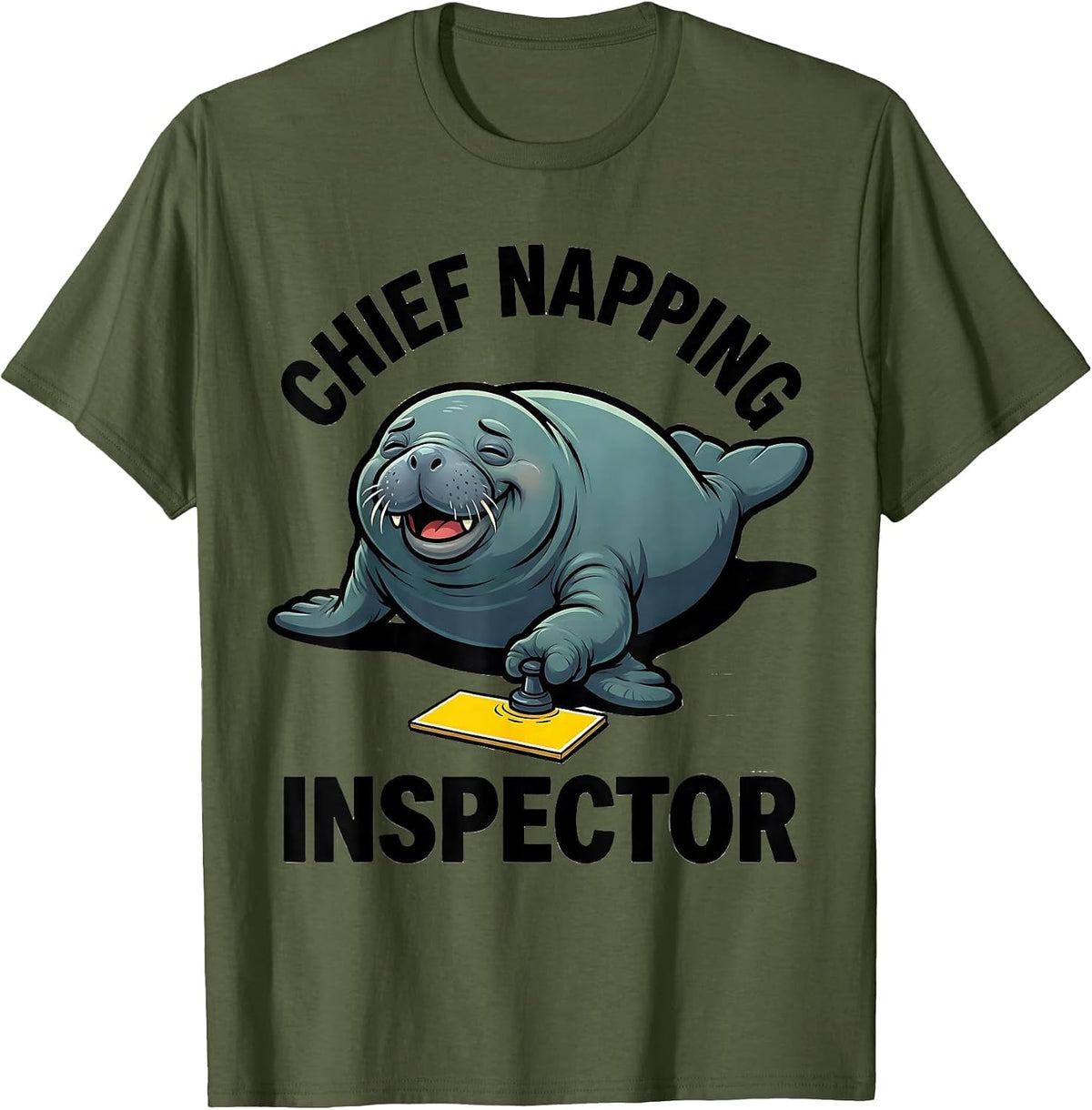 Chief Napping Inspector Funny Manatee Wildlife Lover Cartoon T-Shirt - Olive Green