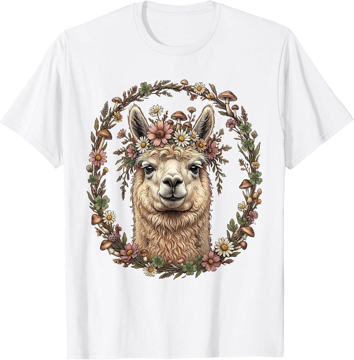 Men's Llama Flower Crown Eye Roll Funny Illustration T-Shirt - White