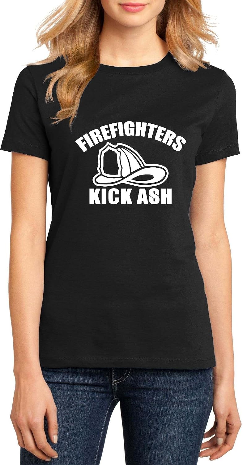 Firefighters Kick Ash Funny Firefighter Graphic Top Ringspun Cotton Tee Adult Men Women - Ladies Crew Black