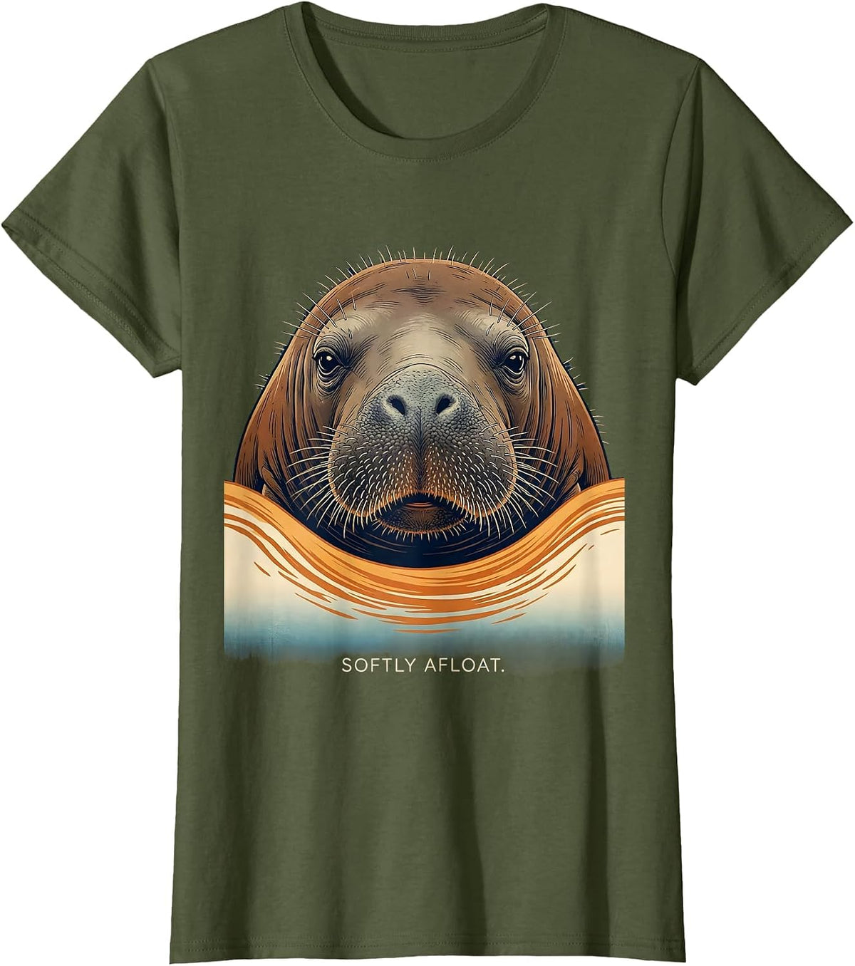 Women's Softly Afloat Ukiyo-e Manatee Lover Floaty Potato Humor T-Shirt - Olive Green