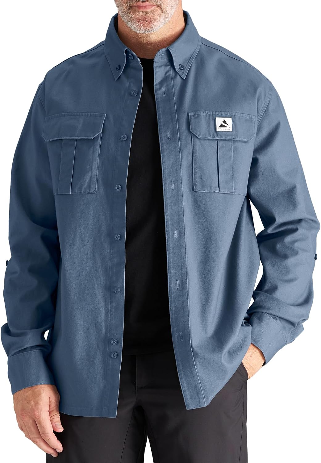 CHRONOLINE Mens Button Down Shirt Long Sleeve Cotton Canvas Workwear - Dusty Blue