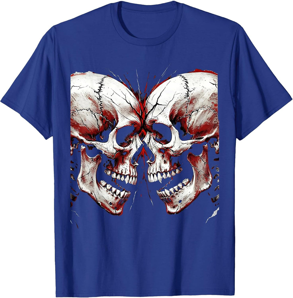 Dual Skulls Facing Foreheads Together Graphic T-Shirt - Royal Blue