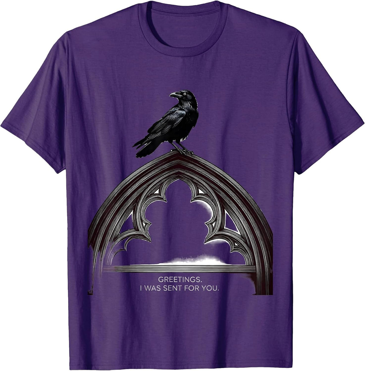 Greetings I Was Sent For You Gothic Crow Dark Humor T-Shirt - Purple