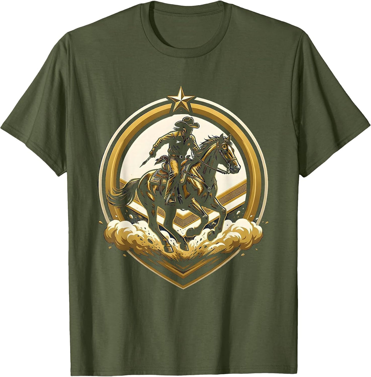 Boy on Horseback Dusty Trail Cowboy Graphic T-Shirt - Olive Green