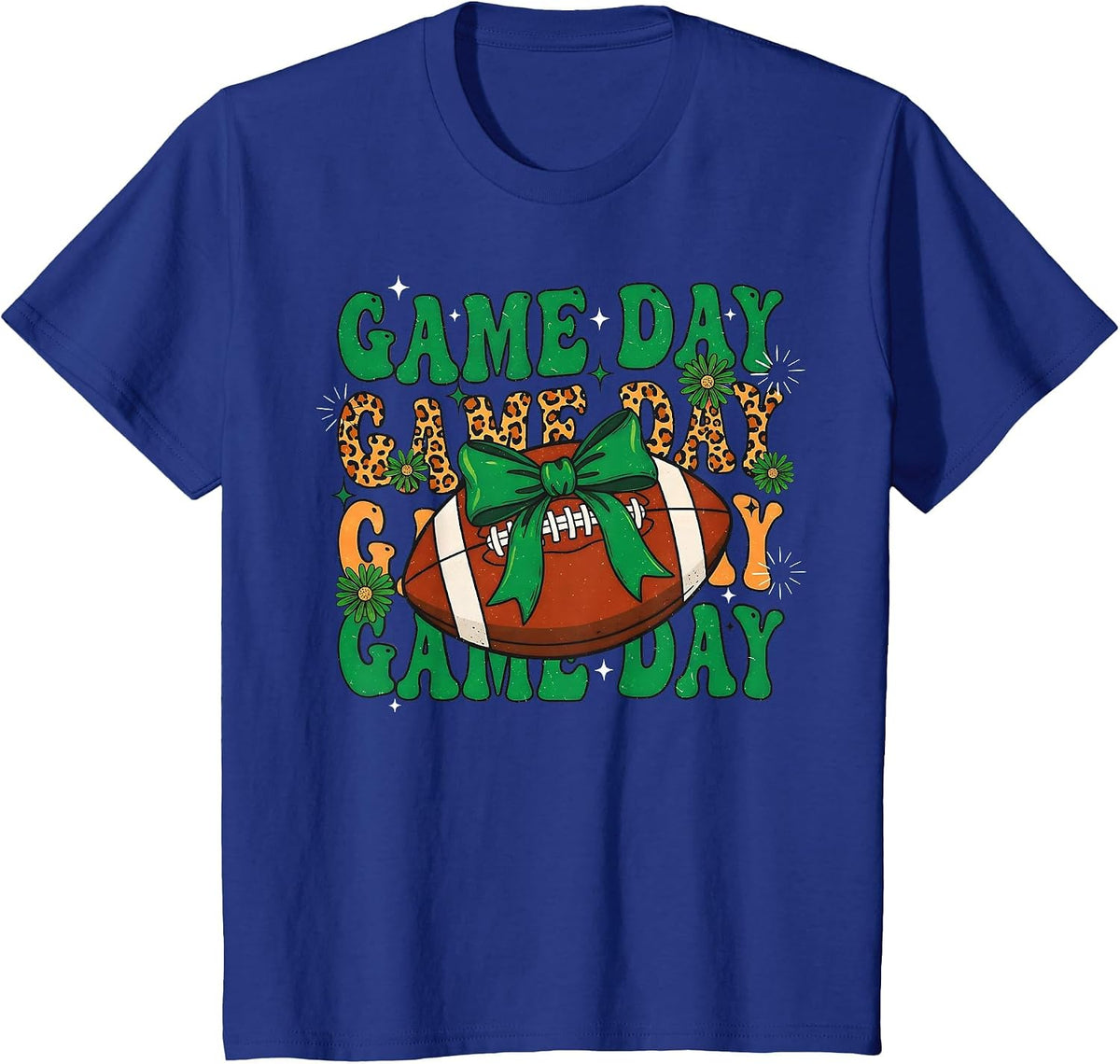 Green Leopard Game Day Football Bow Touchdown Season T-Shirt - Royal Blue