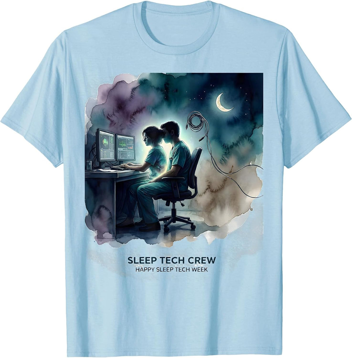 Sleep Tech Crew Happy Sleep Tech Week Watercolor Healthcare T-Shirt - Baby Blue