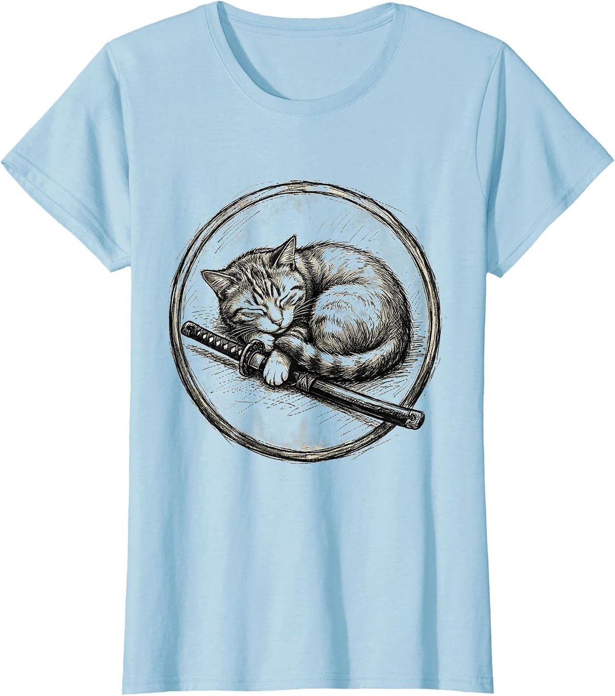 Sleeping Cat with Sword Chill Warrior Graphic T-Shirt - Baby Blue