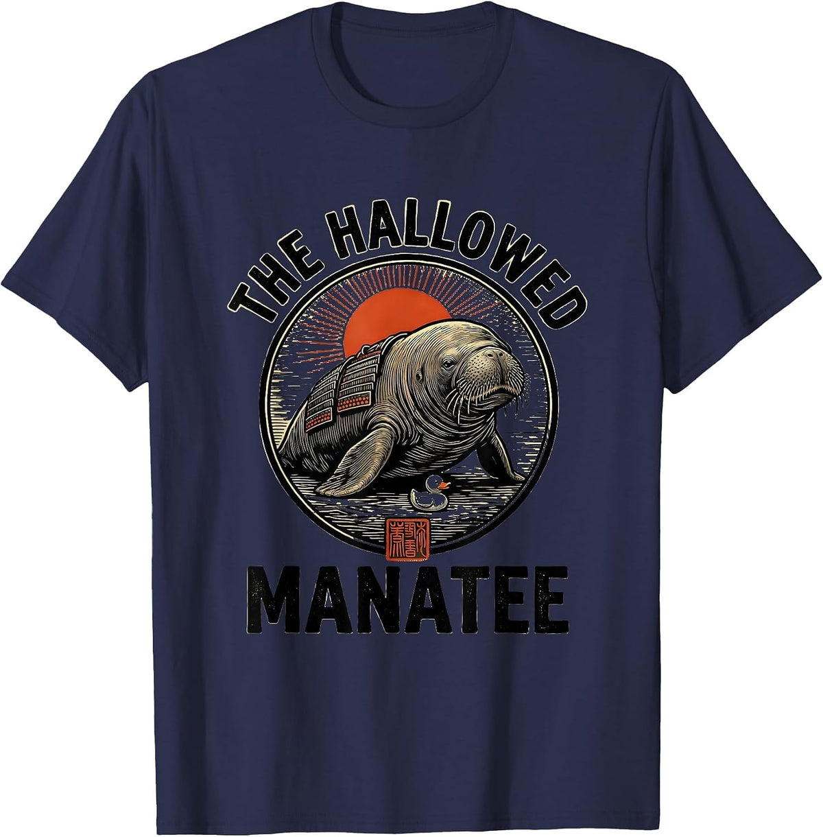 The Hallowed Manatee Samurai Japanese Ukiyo-e Anime Humor T-Shirt - Navy Blue